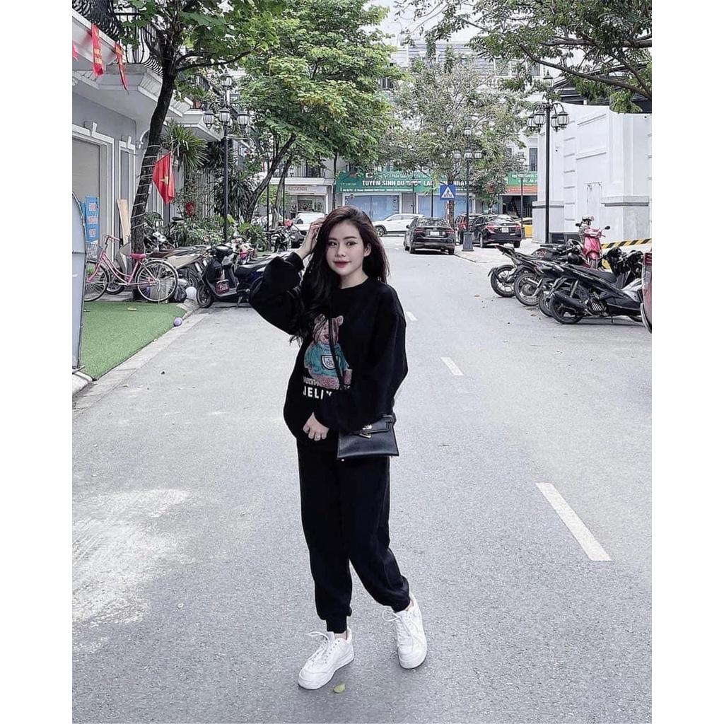 Set Đồ Nữ, Bộ Nỉ Nữ Dài Tay thu đông form rộng, áo nỉ gấu phối quần jogger phong cách thể thao, Hàn Quốc, BO014