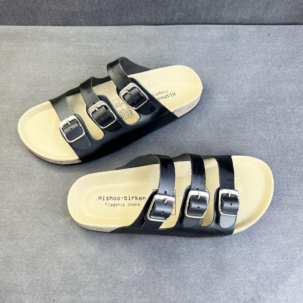 Dép đế trấu birken nam nữ unisex quai ngang 3 khóa da tổng hợp size 35 - 43 chính hãng Hishoo S092