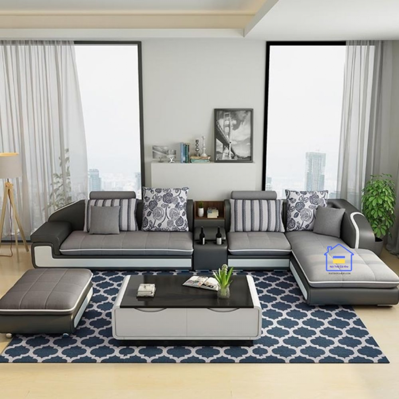 Sofa góc L + bàn trà + ghế đôn