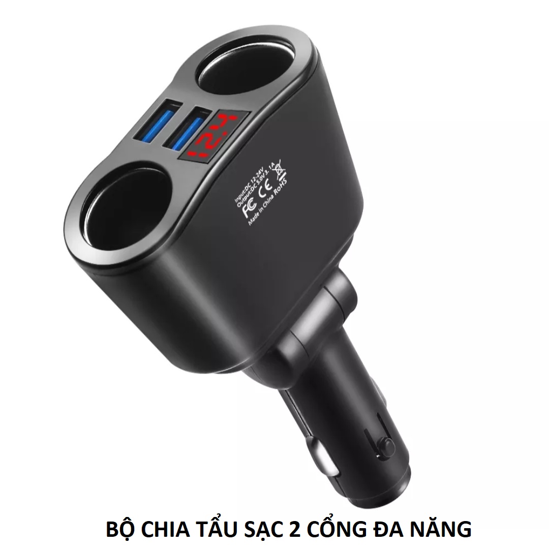 Thiết bị chia tẩu sạc ô tô 2 cổng đa năng có sạc điện 3.1A và đồng hồ báo vôn ắc quy mẫu mới loại tốt, đồ chơi xe hơi