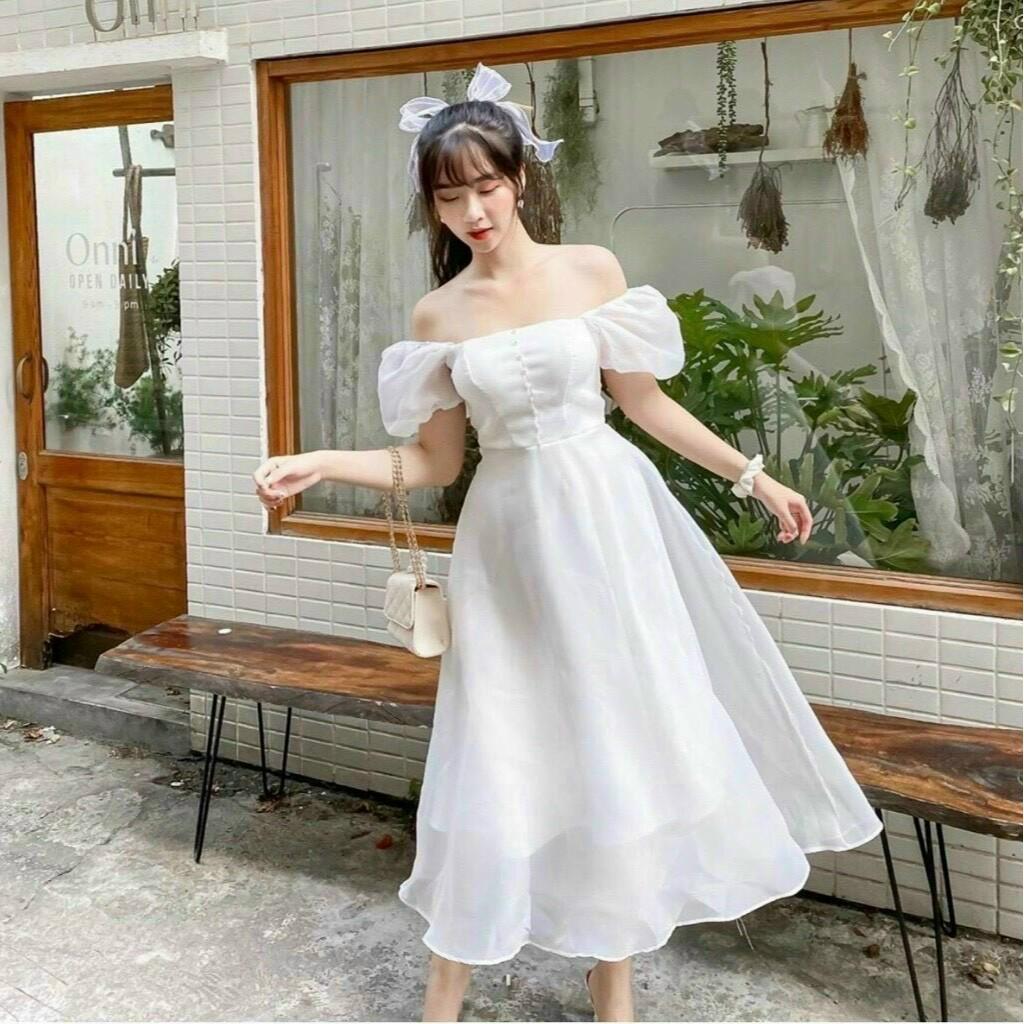 Đầm voan xoè dự tiệc đính cườm kèm mút