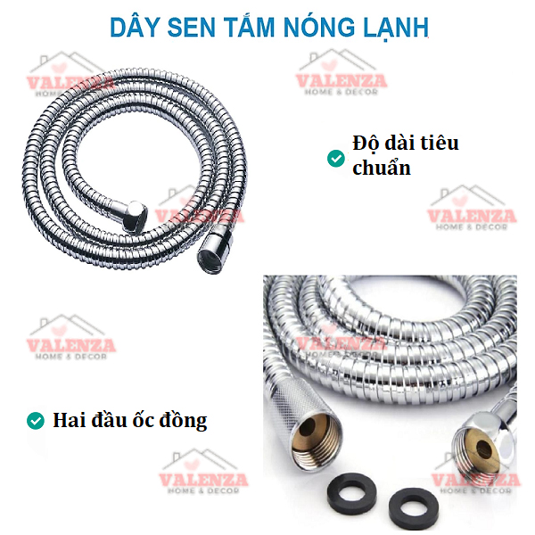 Bộ vòi sen tắm nóng lạnh Valenza 3404 chất liệu đồng thau mạ crom kèm đầy đủ bát sen tắm táp, dây sen tắm inox, cài sen, chân sen-Nước chảy mạnh