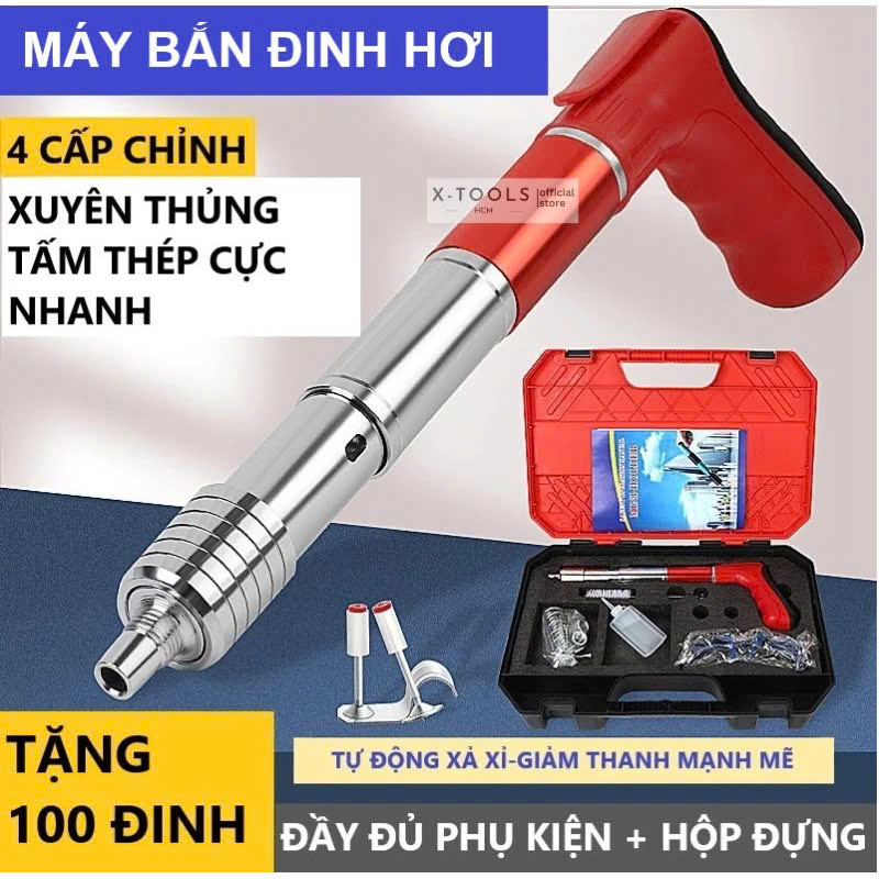 Máy Bắn Đinh Hạt Nổ Xuyên Bê Tông – Tặng 100 Đinh &amp; Hộp Phụ Kiện, Vỏ Thép Trắng Siêu Bền