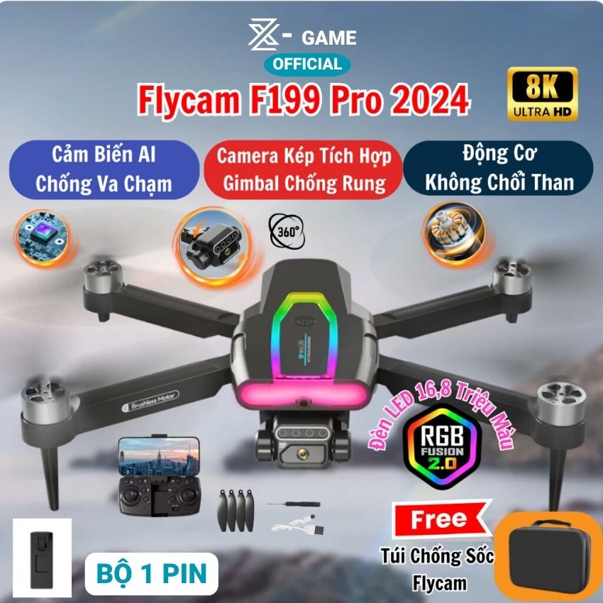 Flycam Mini F199 Pro Max Cảm Biến Tránh Vật Cản, Máy Bay Flycam 4k Camera Chống Rung 2 Trục, Bay Xa 1000m Động Cơ Không Chổi Than Siêu Bền Bỉ - Hàng Chính Hãng