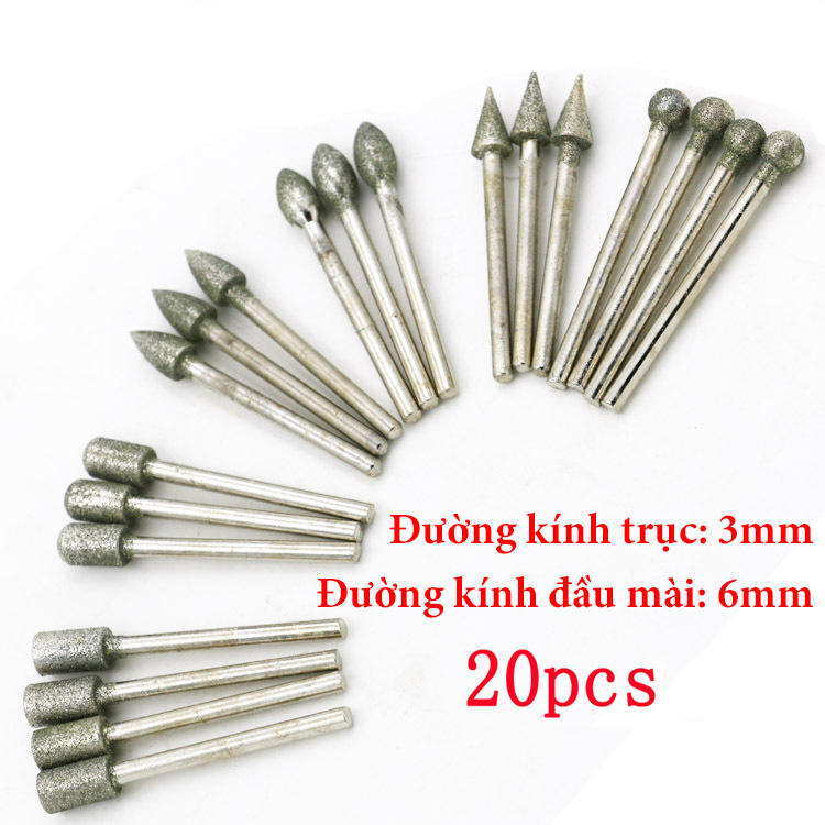 Combo Bộ 30 mũi chạm, khắc, mài đá ngọc và mũi đá chân cán 3 li (20 mũi mài kim cương 3x6mm và 10 mũi đá từ 4mm đến 10mm)