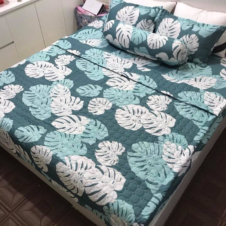 Bộ Chăn Ga Gối Cottong Poly Hè Thu 5 Món Lá Khoai