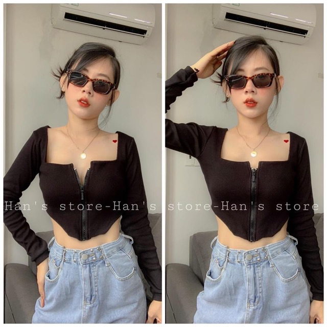 Áo croptop khoá kéo dài tay chất thun Borip 4 chiều Free Size dưới 53kg dành cho nữ cá tính trẻ trung năng động