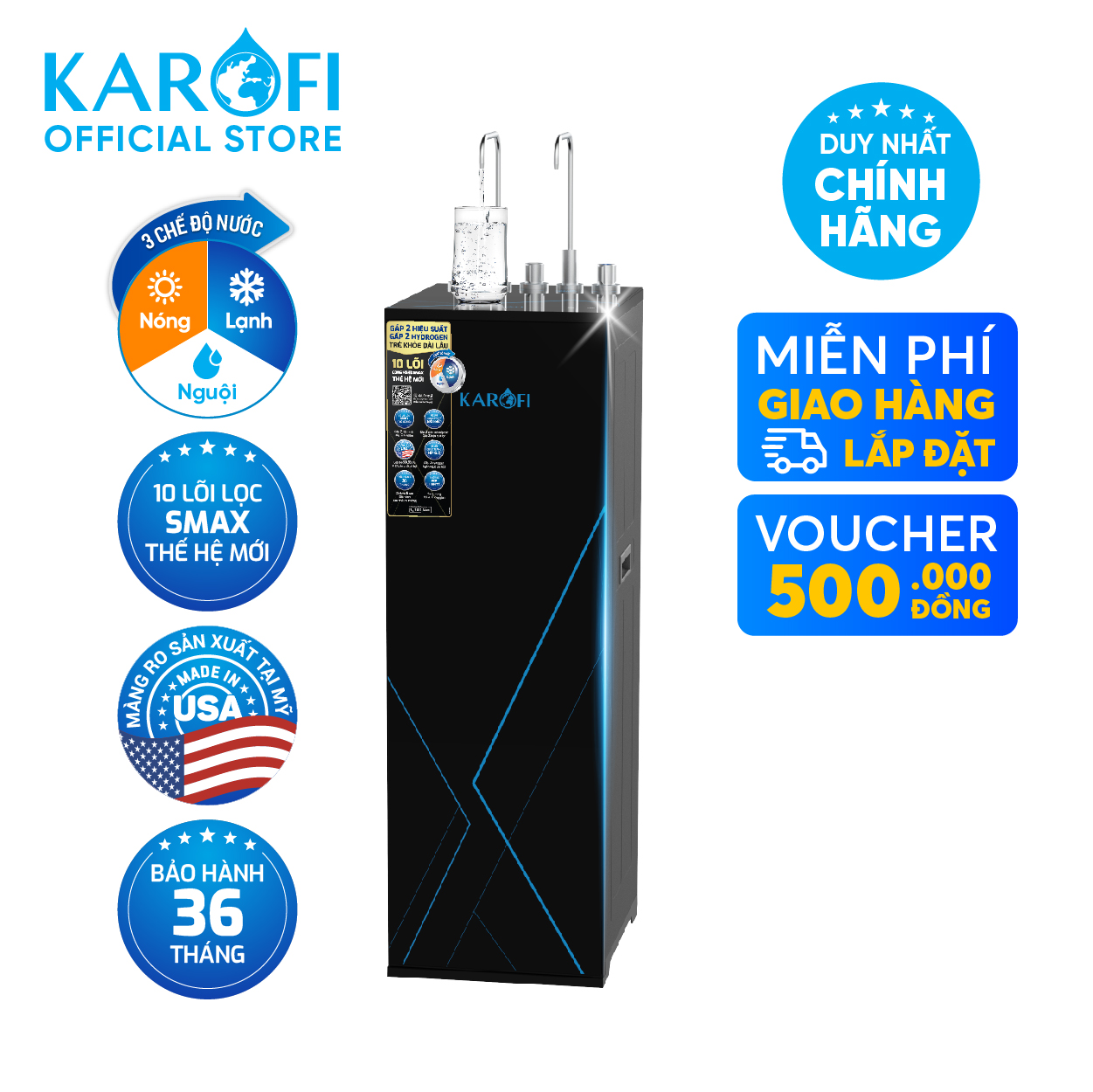 Máy lọc nước nóng lạnh RO Mỹ 10 lõi Karofi KAD-M59 - Giao trước lắp sau miễn phí toàn quốc - Bảo hành 36 tháng - Hàng chính hãng