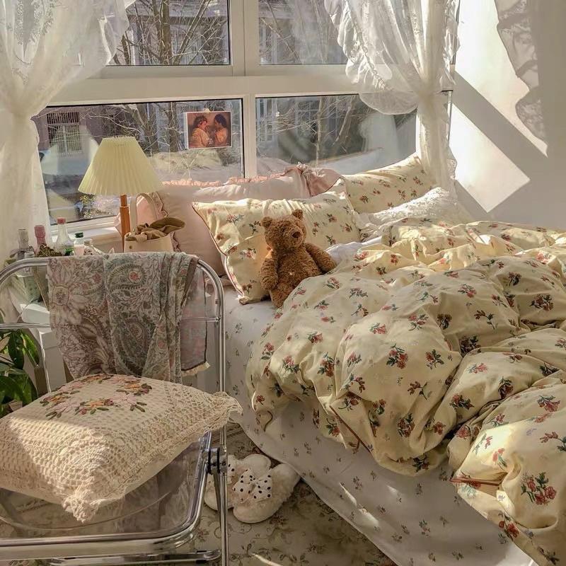 Bộ Chăn Ga Gối Cotton Living 100% Cotton Hàng nhập Khẩu Cao Cấp 4 Món Hoa Nhí Vintage
