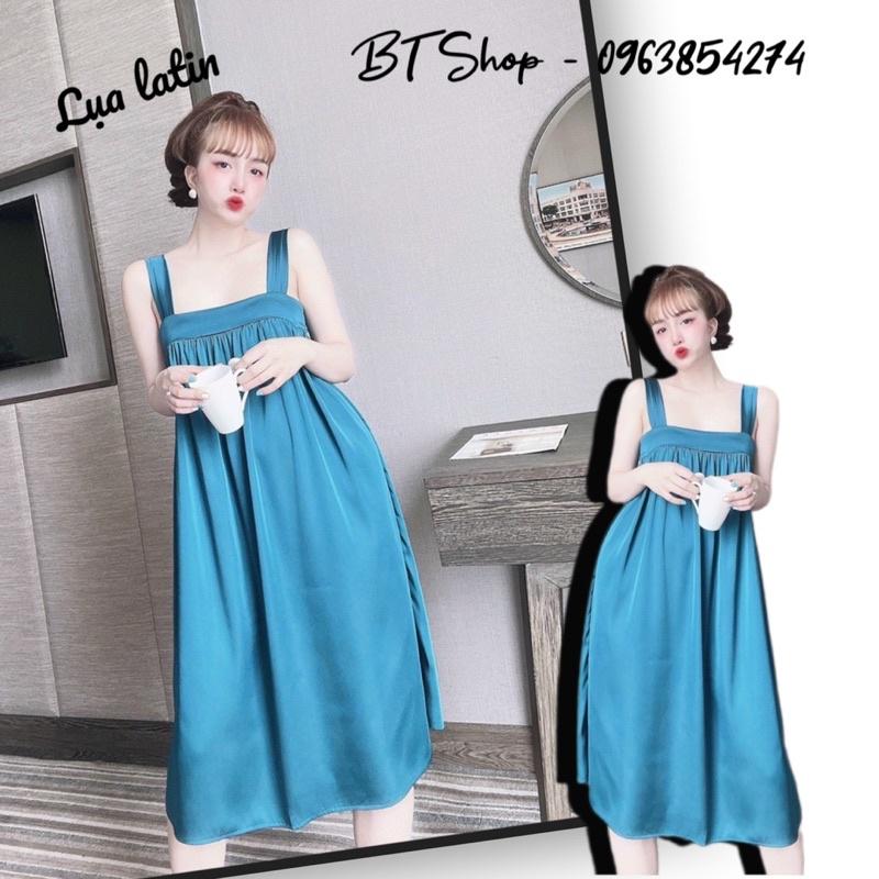 Đầm váy ngủ mặc nhà lụa latin trơn xoè freesize 42-57kg