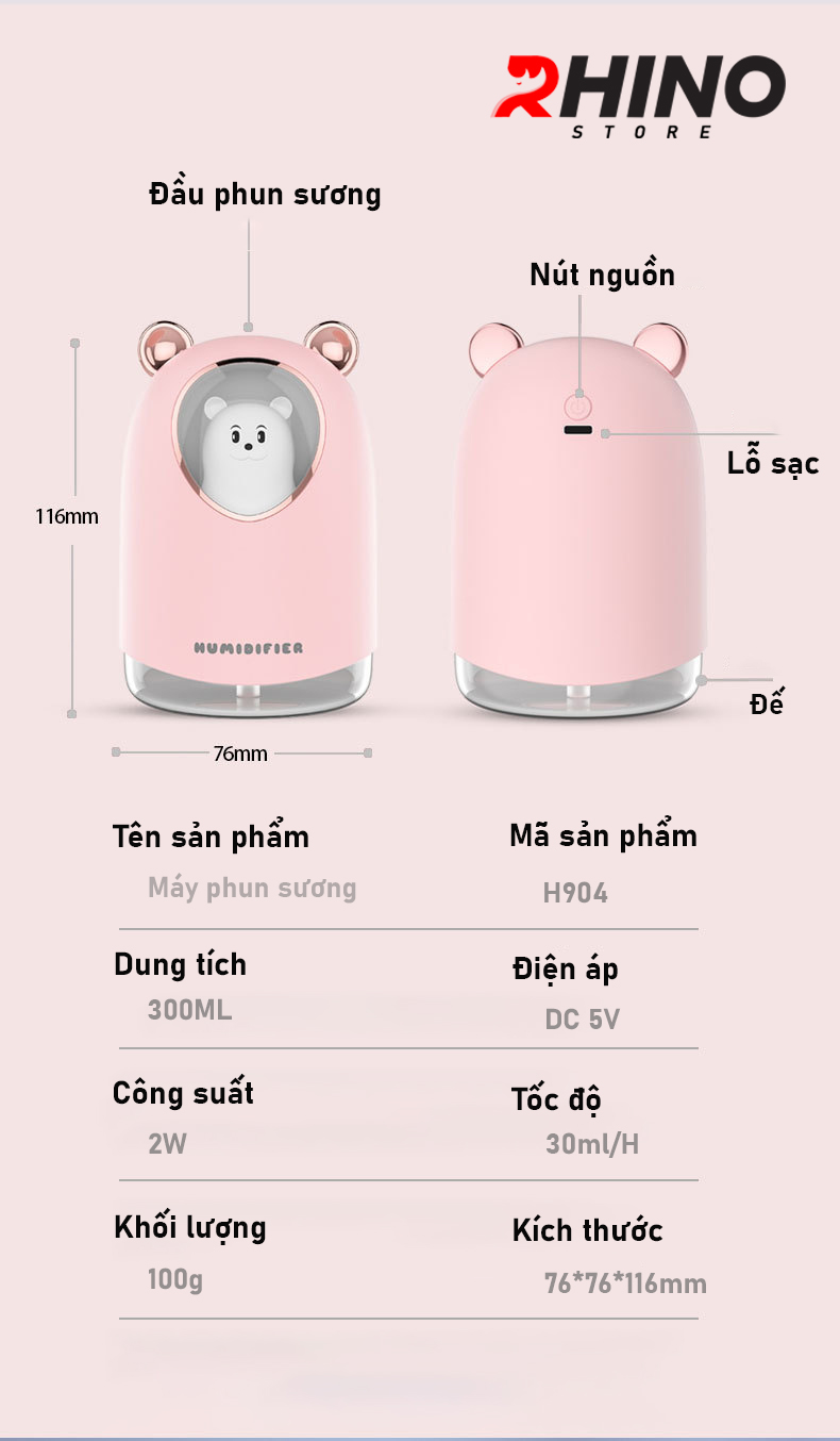 Máy phun sương tạo ẩm Rhino H904 dung tích 300ml, nhỏ gọn, không gây tiếng ồn, tích hợp đèn ngủ RGB nhiều màu - Hàng chính hãng