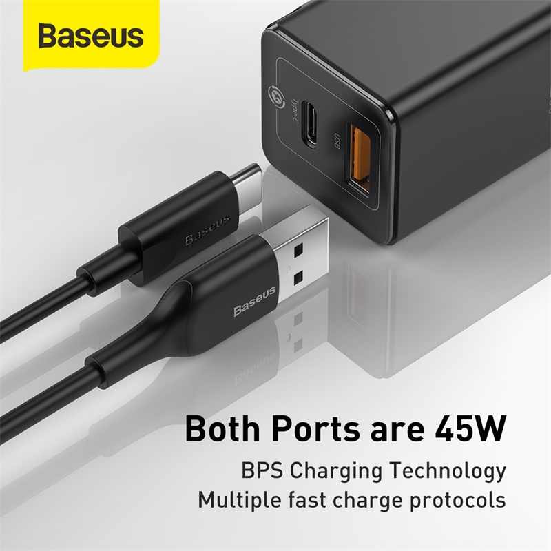 Adapter củ cóc sạc nhanh 45W đa năng USB &amp; PD type c hiệu Baseus GaN Mini Quick Charger chuẩn sạc nhanh PD 3.0 &amp; QC 4.0 tặng dây sạc nhanh Type-C 3A, công nghệ GAN thế hệ 2, chip BPS 2.0 - Hàng nhập khẩu