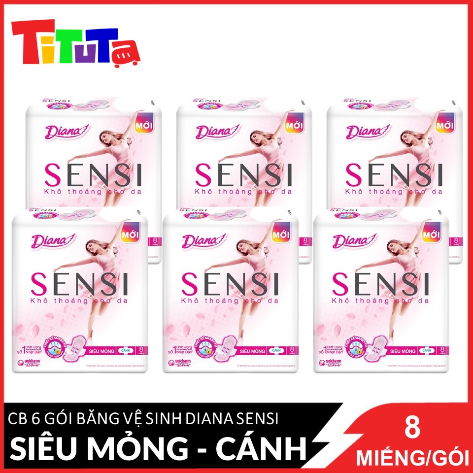 Combo 6 gói Băng vệ sinh Diana Sensi Siêu mỏng cánh 8 miếng/gói X6