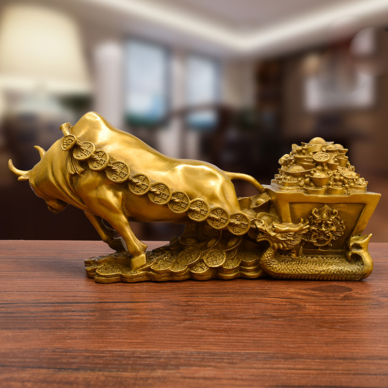 Tượng trâu sửu kéo xe tiền vàng bằng đồng thau phong thủy