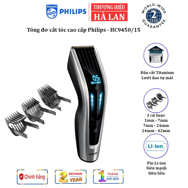 Tông đơ cắt tóc cao cấp Philips HC9450/15 - Tích hợp lưỡi Titanium, Hàng Chính Hãng