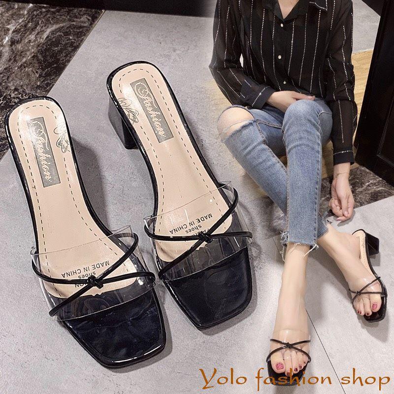Dép guốc cao gót nữ phối mica 5cm gót vuông hàng cao cấp CC02