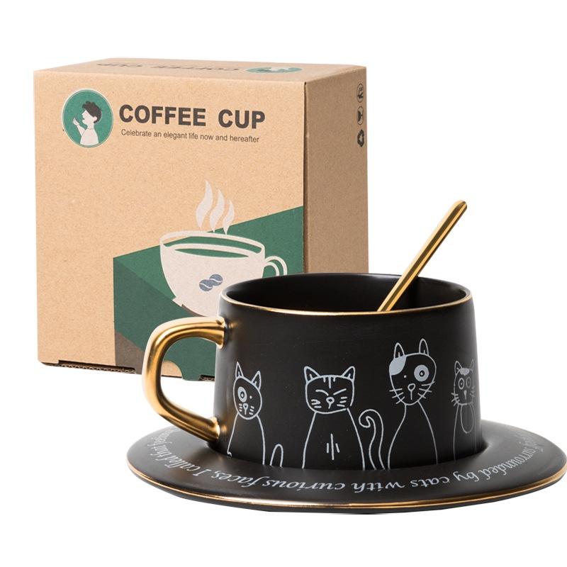 Set cốc sứ và đĩa uống cafe có kèm thìa in hình mèo 250ml