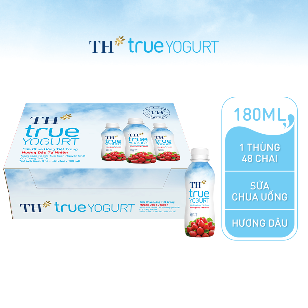 Thùng 48 chai sữa chua uống tiệt trùng hương dâu tự nhiên TH True Yogurt 180ml (180ml x 48)
