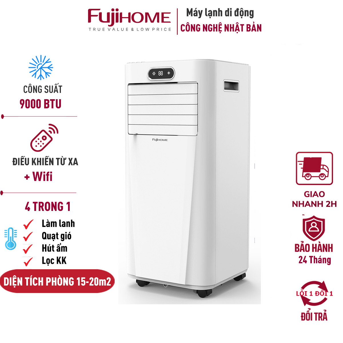 Điều hòa di động 9000 BTU-14.000 BTU FUJIHOME, máy lạnh đứng di động mini 4 chức năng, làm lanh, hút ẩm, lọc không khí, quạt điều khiển qua App, không cần lắp đặt - Hàng chính hãng