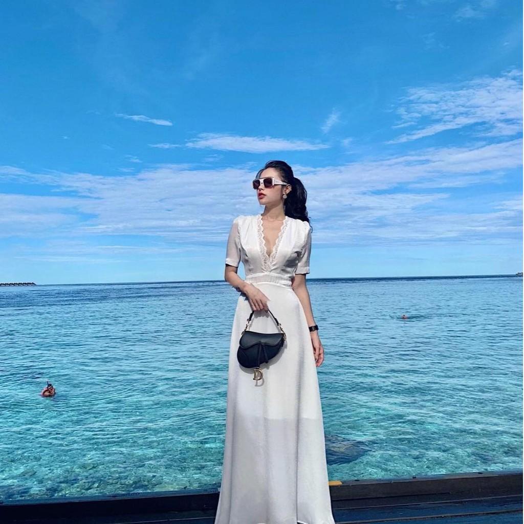 Đầm maxi trắng cổ V viền ren sang chảnh