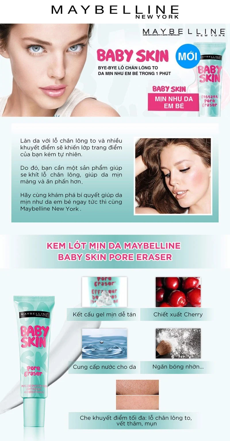 [MAYBELLINE NEW YORK] Kem Lót Siêu Mịn Da Che Khuyết Điểm Và Se Khít Lỗ Chân Lông Baby Skin Pore Eraser 22ml