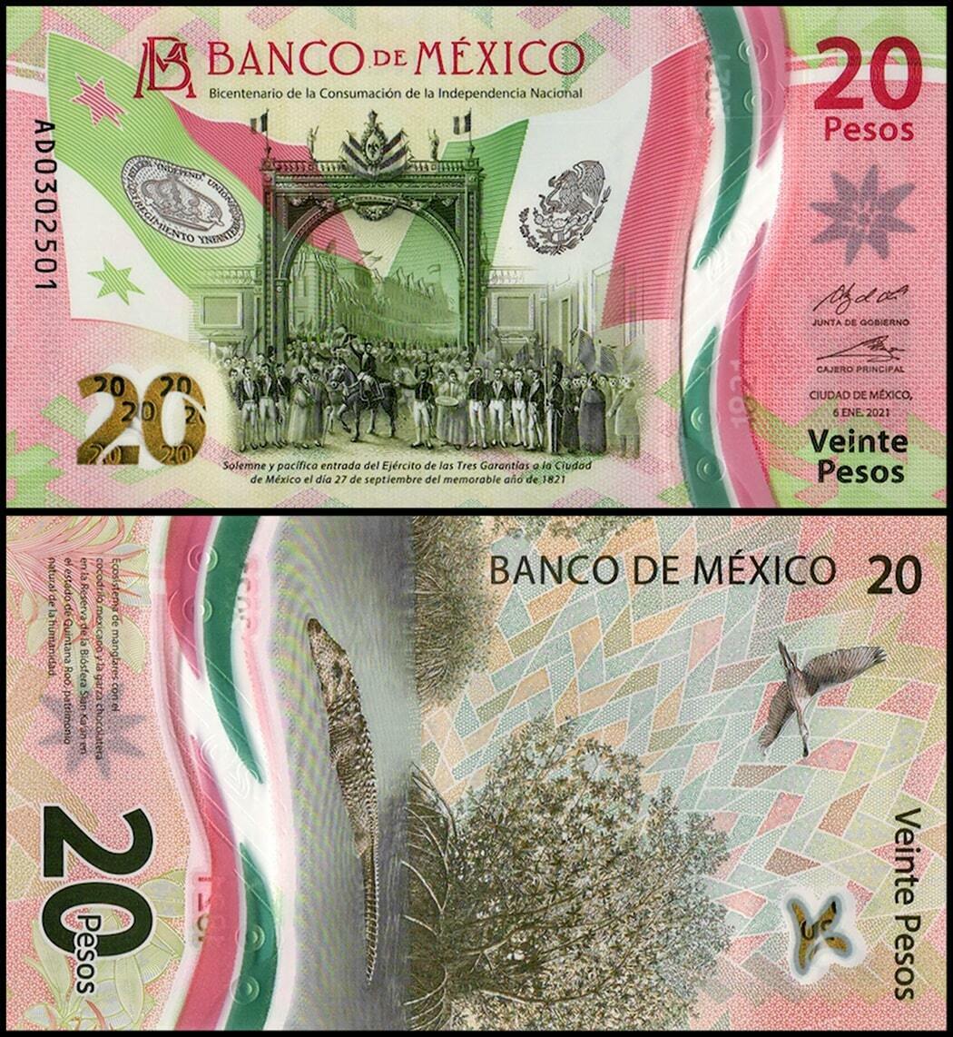 Tiền polymer Mexico 20 pesos mới ra, tặng kèm phơi bảo quản