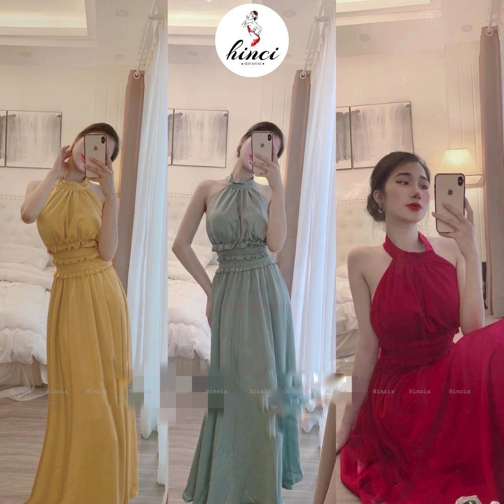 Đầm Maxi Hở Lưng - Váy Xoè Cổ Yếm Thắt Nơ Dáng Xòe Cách Điệu Nữ Tính, Chất Liệu Lụa Xướt Hợp Đi Biển