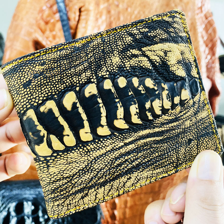 Ví ngang nam da đà điểu, chất liệu da chân da đà điểu wax màu vàng xám thủ công