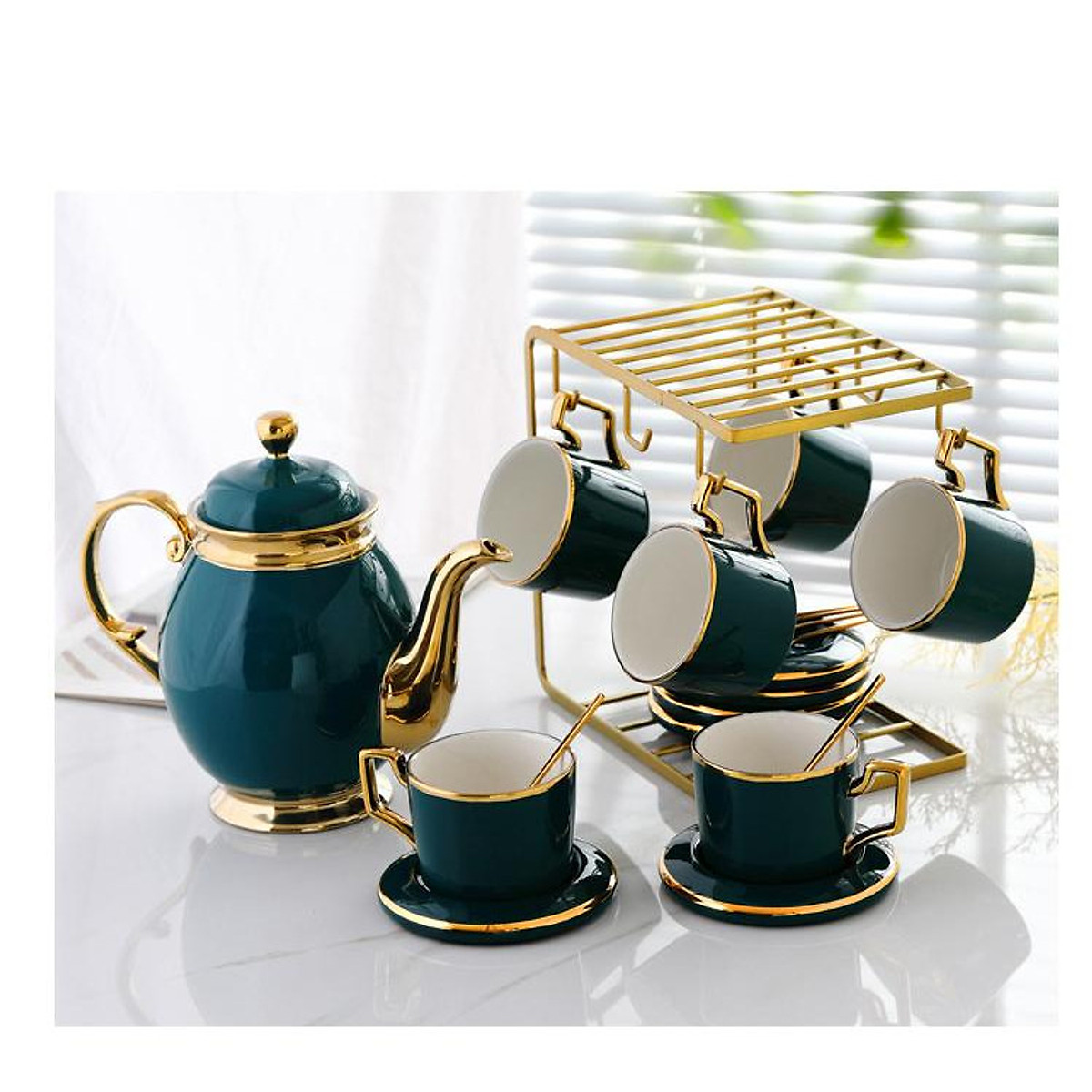 Bộ ấm chén sứ xanh cổ vịt mạ vàng cao cấp GV22