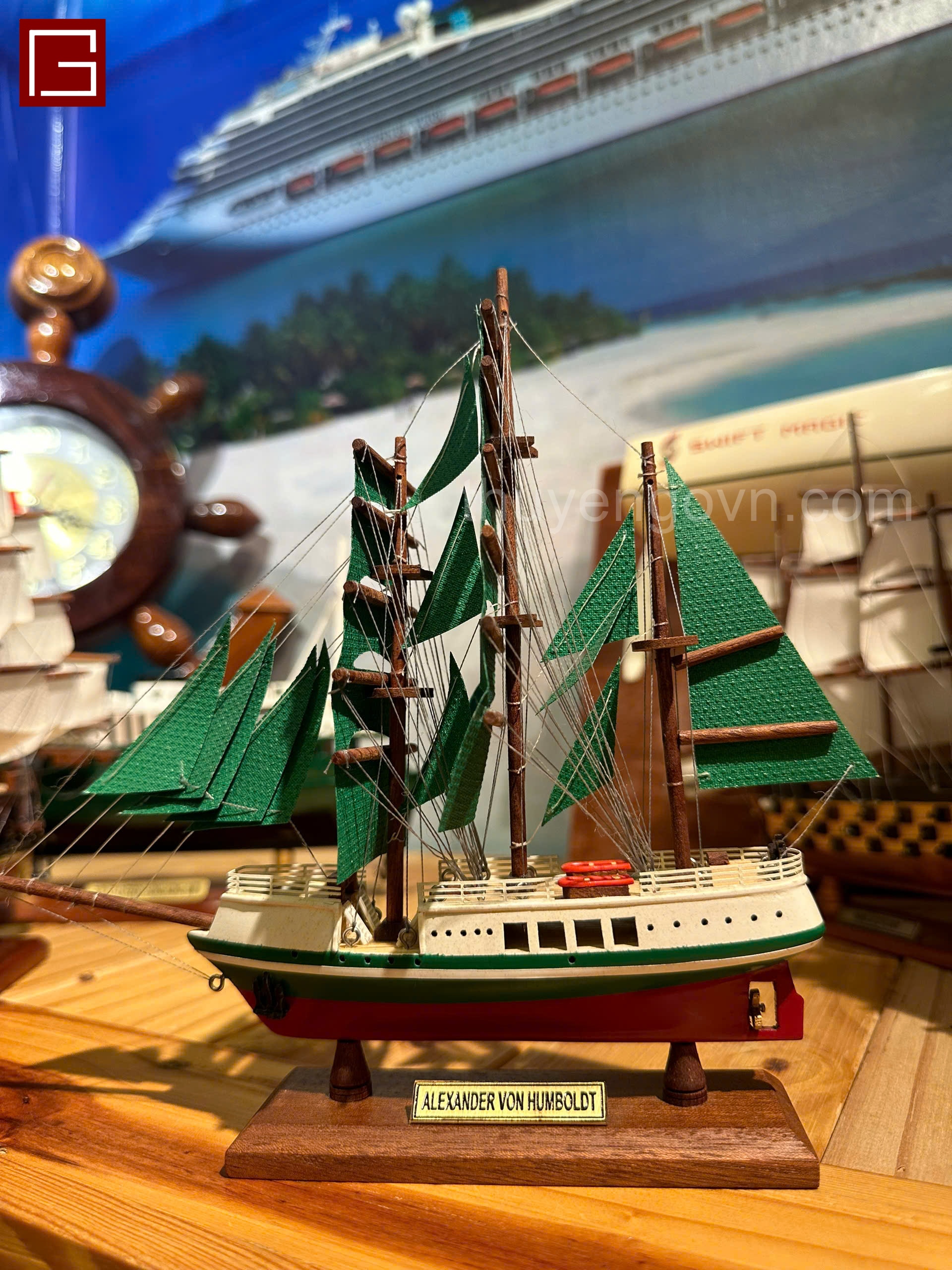 Mô Hình Thuyền Gỗ Phong Thủy Gia Nhiên, Thuyền Buồm Gỗ ALEXANDER VON HUMBOLDT, Dài 20cm, Cao Cấp