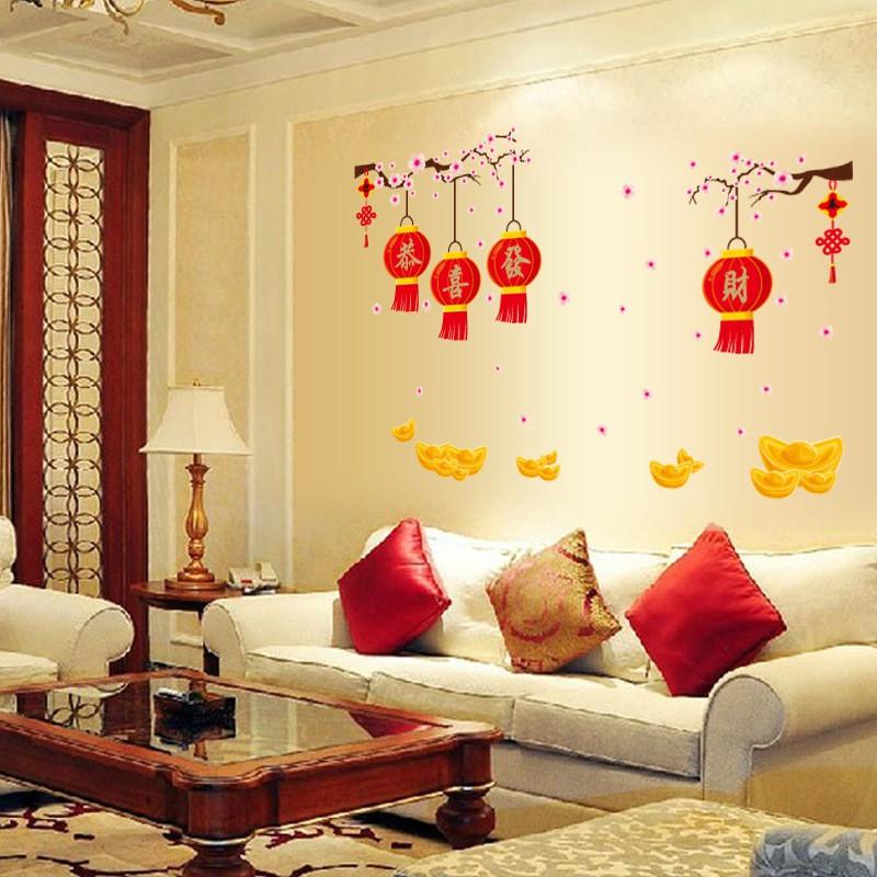 Decal dán tường Cành hoa đào và đèn lồng - Tết 08