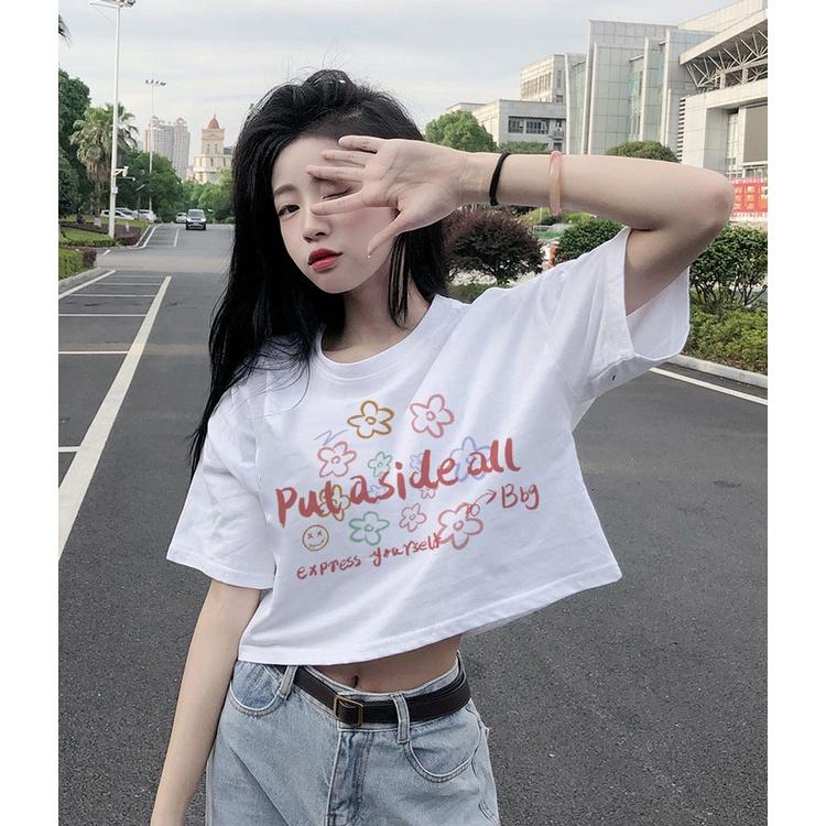 Áo croptop nữ tay ngắn cổ tròn vải thun cotton kiểu hàn quốc CR033 Miucho in hình hoạ tiết