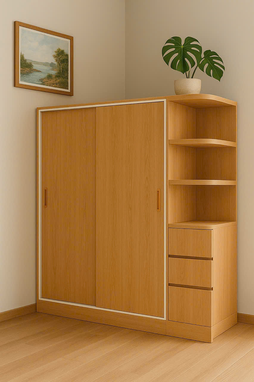 Tủ áo Ecoplast 2 cánh lùa và kệ Juno Sofa KT 1m6 x 2m màu gỗ