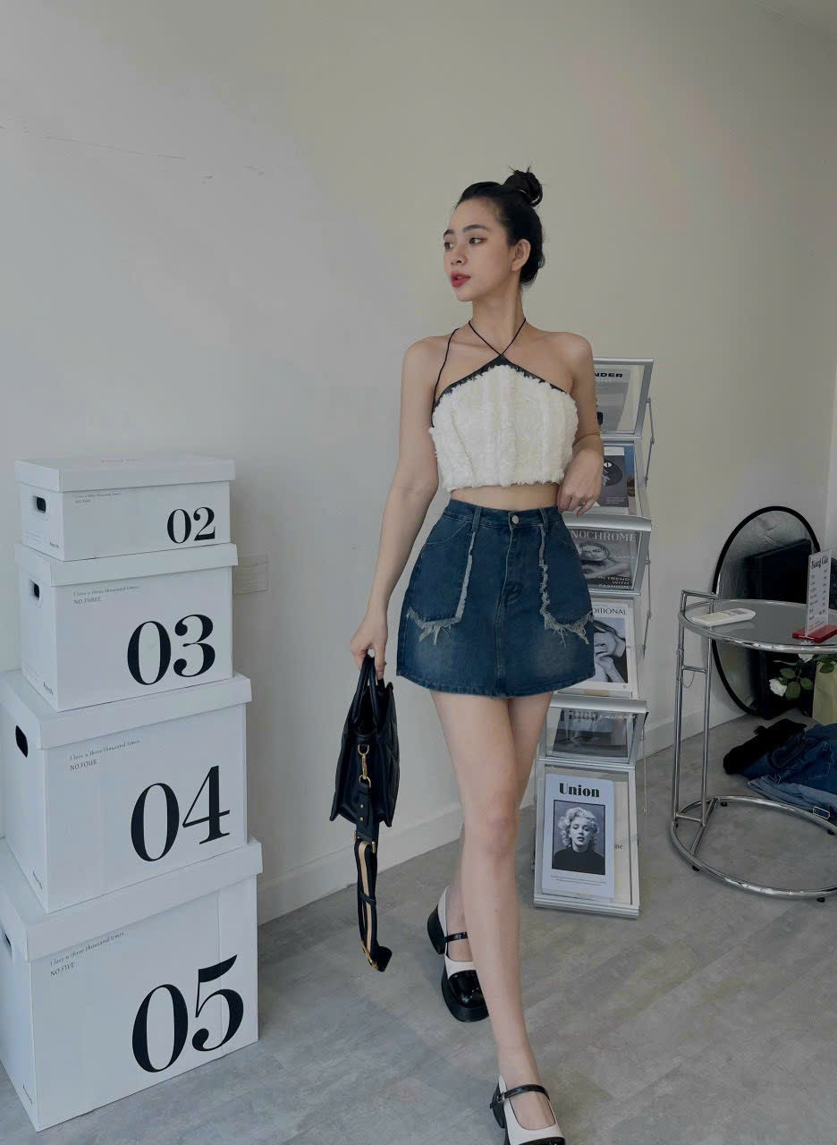 Chân váy jean ngắn chữ A túi kiểu