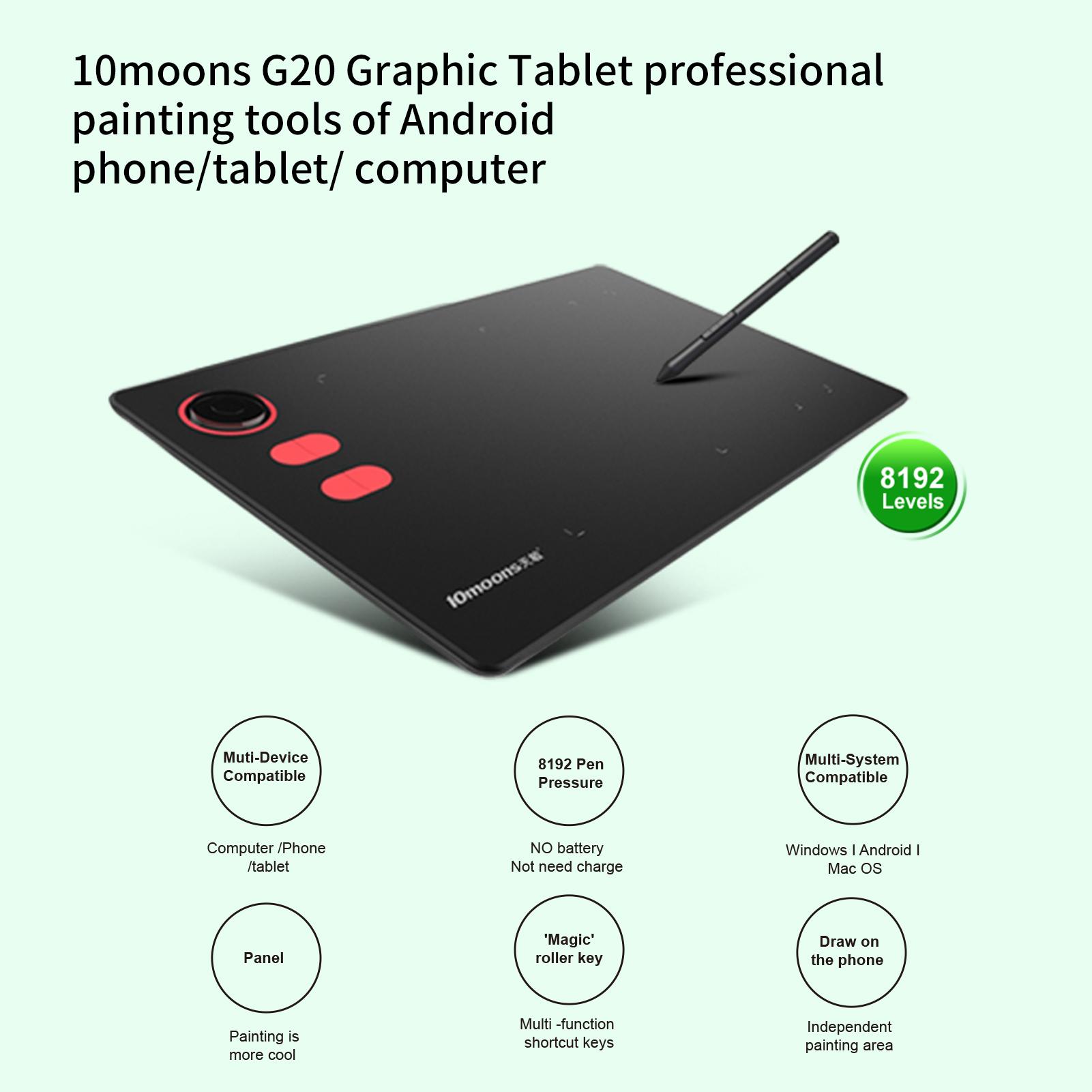 10moons G20 Graphics Drawing Tablet Ultralight Digital Art Creation Sketch 8.4x5.7 Inches with Battery-free Stylus 8 Pen