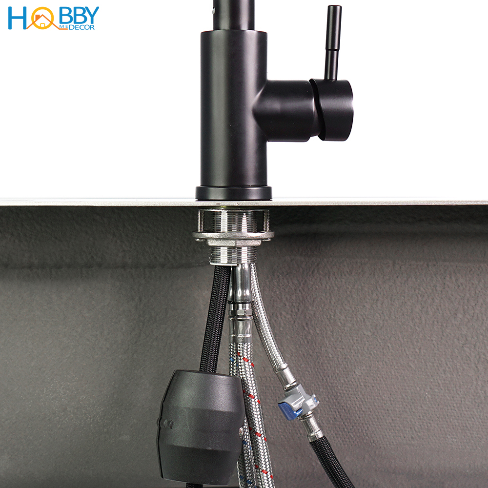 Vòi rửa chén nóng lạnh đầu xả dây rút Hobby Home Decor VDR5 Inox 304 sơn đen