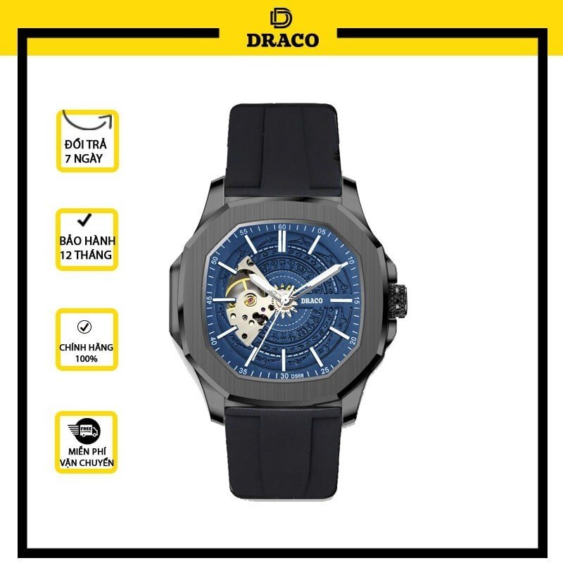 Đồng hồ nam Draco D23-DS68 “DongSon” Automatic đen xanh kết hợp chất liệu dây cao su non cao cấp màu đen-thời trang nam thể thao