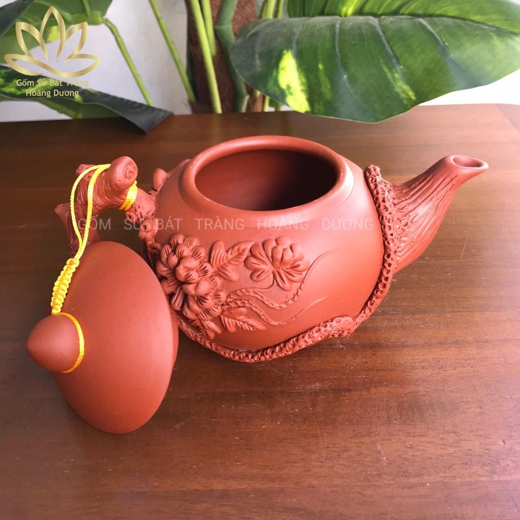 ẤM pha trà tử sa Bát Tràng cao cấp hoạ tiết Hoa phù dung đỏ 400ml
