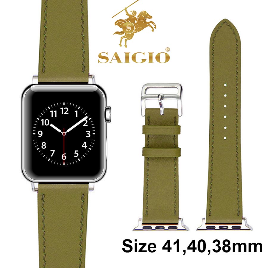 Dây Apple Watch 41mm 40mm 38mm, Chất Liệu Da Bò Cao Cấp, Dây Đeo Phong Cách Cổ Điển, Đơn Giản Và Tinh Tế, Tương Thích Các Phiên Bản Series 10987654321SESE2 – Xanh Ôliu  Adapter Bạc