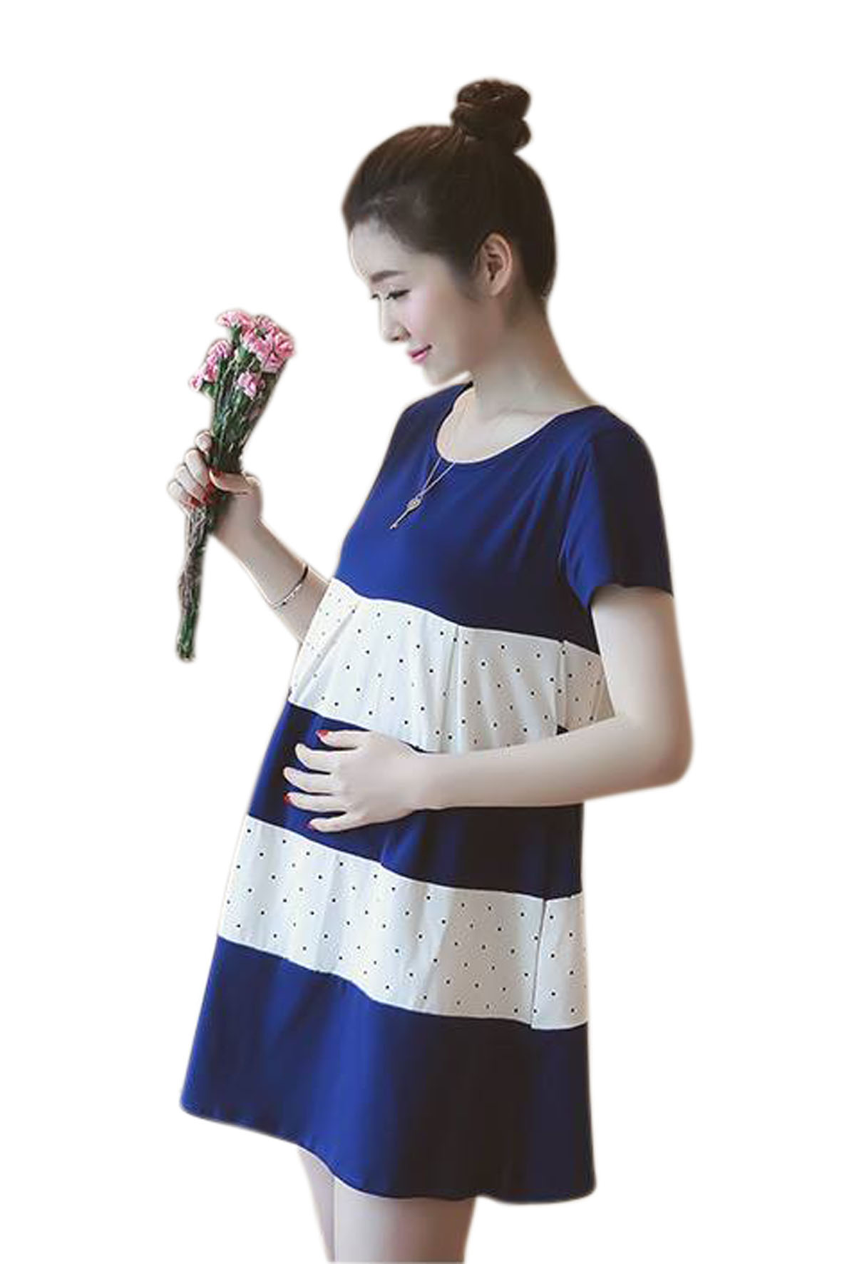 Váy Bầu Phối Xanh Chấm Bi Trắng - MYC 1151