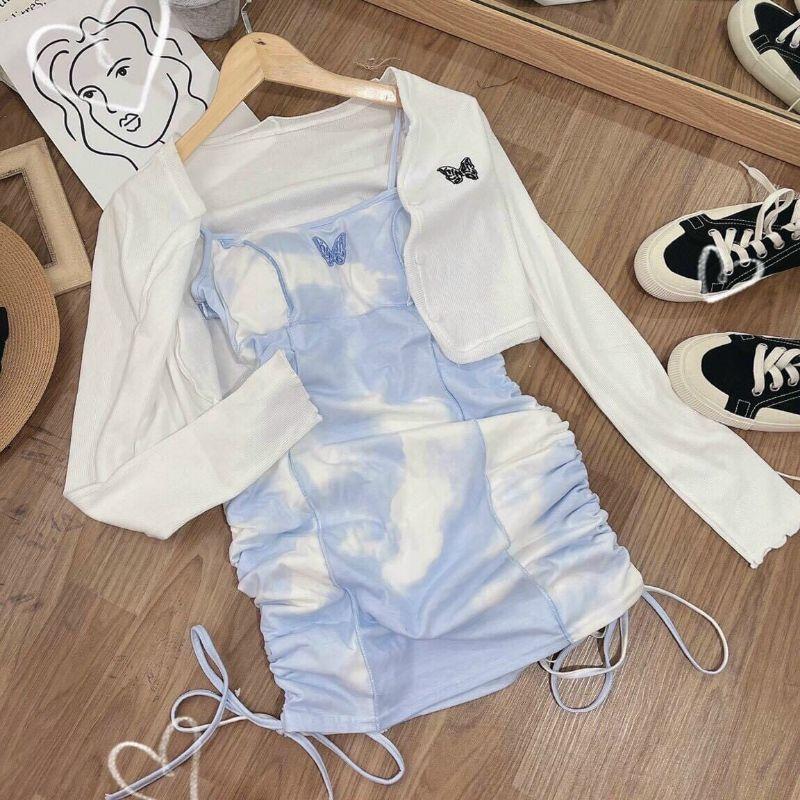 Set đầm body 2 dây kèm áo khoác cardigan xinh xắn