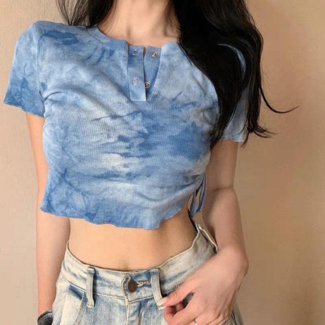 Áo croptop thun gân dây rút màu tie dye cá tính