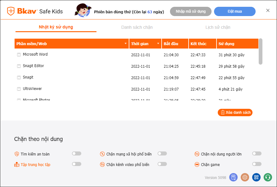 Phần mềm giám sát, bảo vệ trẻ em - Bkav Safe Kids - Hàng chính hãng