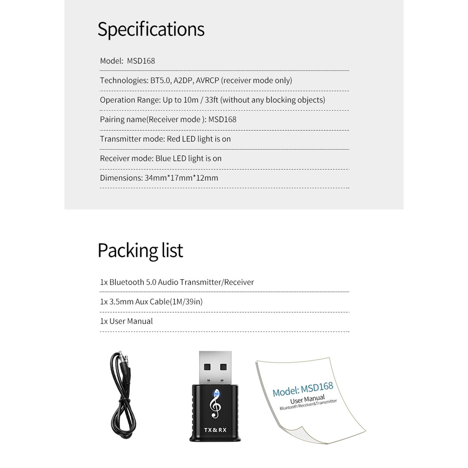 New USB Bluetooth 5.0 Transmitter Receiver 3.5mm Audio Adapter Converter