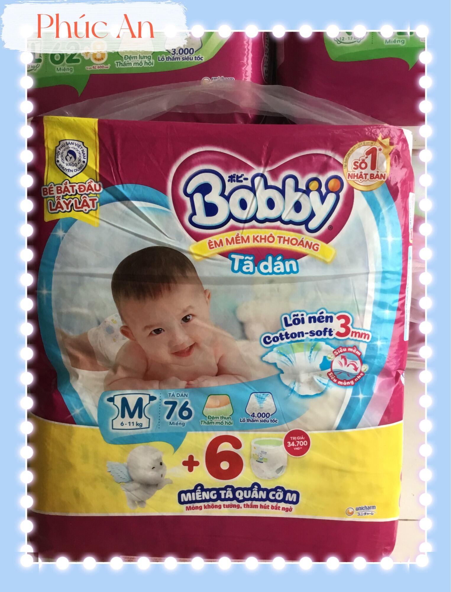 Tặng 6 miếng | Tã Dán Trẻ Em Bobby Size M 76 Miếng ( M76 Cho Bé 6 Đến 11 Kg) Êm Mềm Khô Thoáng - Bỉm Dán Bobby Size M