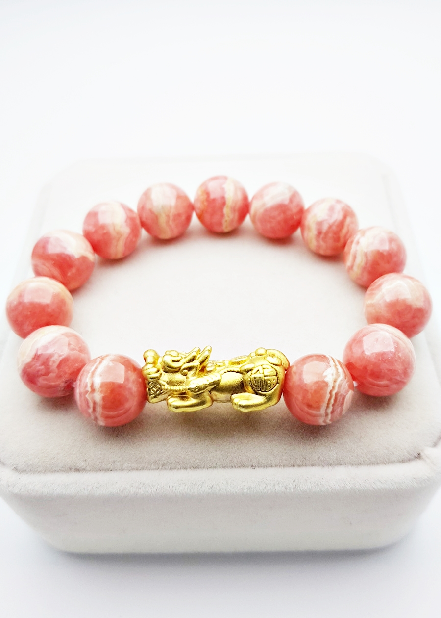 Vòng Tay Tỳ Hưu Đá Đào Hoa Rhodochrosite Tự Nhiên 14mm