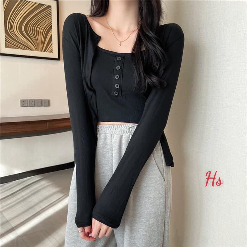 Set Áo Cardigan Kèm Áo 2 Dây Hàng Cúc Giữa, Bộ Áo Dài Tay Nữ Cotton 4 Màu