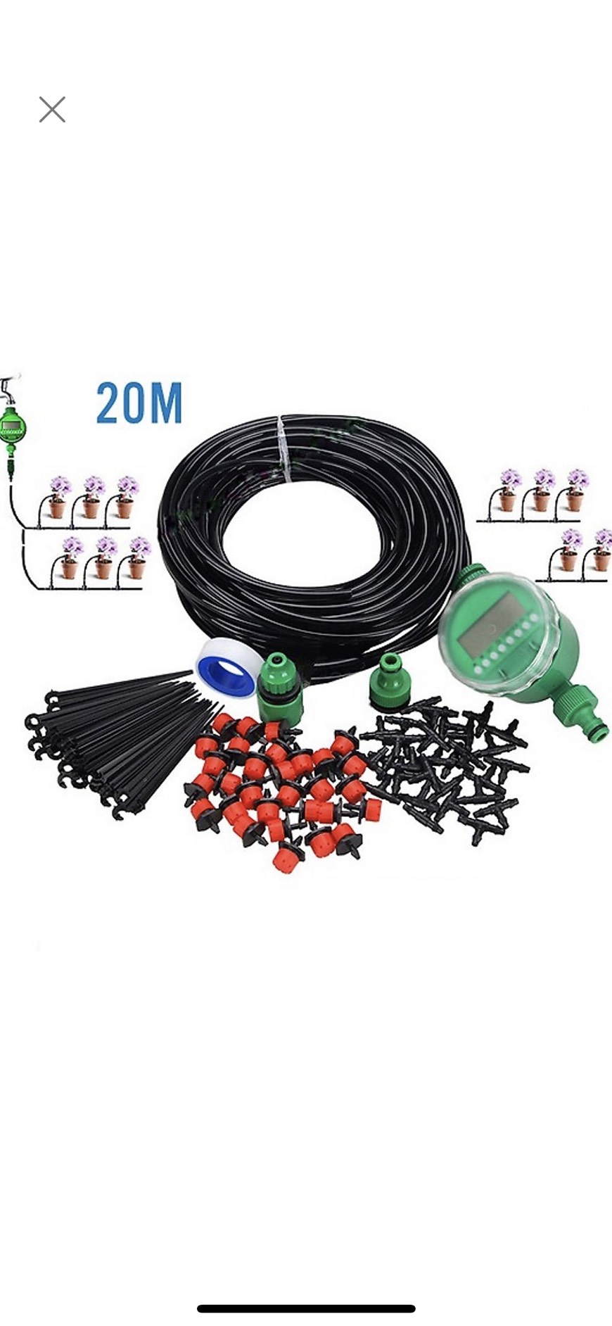 Combo bộ tưới cây tự động gồm 30 đầu tưới nhỏ giọt, 25m dây dẫn nước, 01 đồng hộ đặt thời gian tưới tự động và phụ kiện.