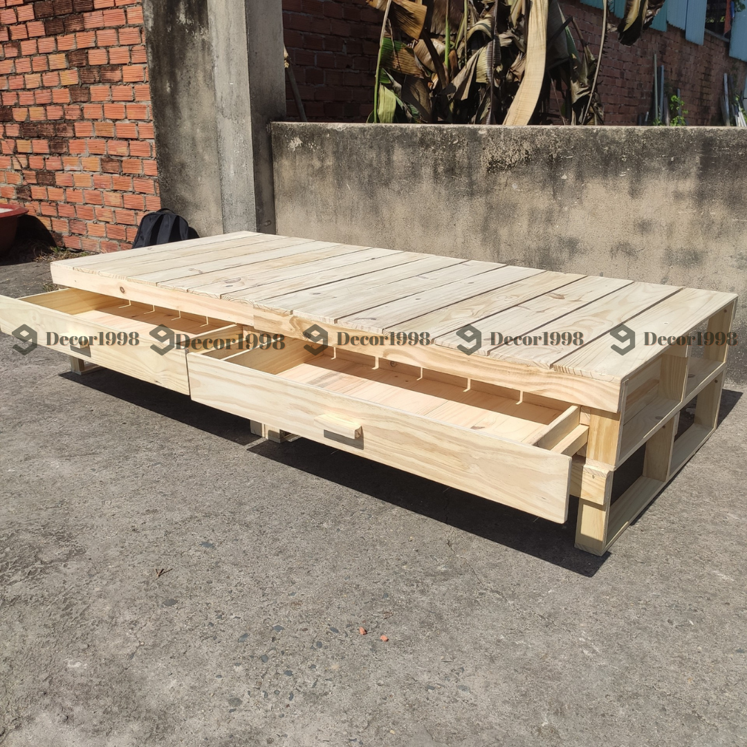 GIƯỜNG NGỦ CÓ HỘC KÉO, PALLET LÓT NỆM CAO 20CM HỘC KÉO GỖ THÔNG MỚI NHẬP KHẨU