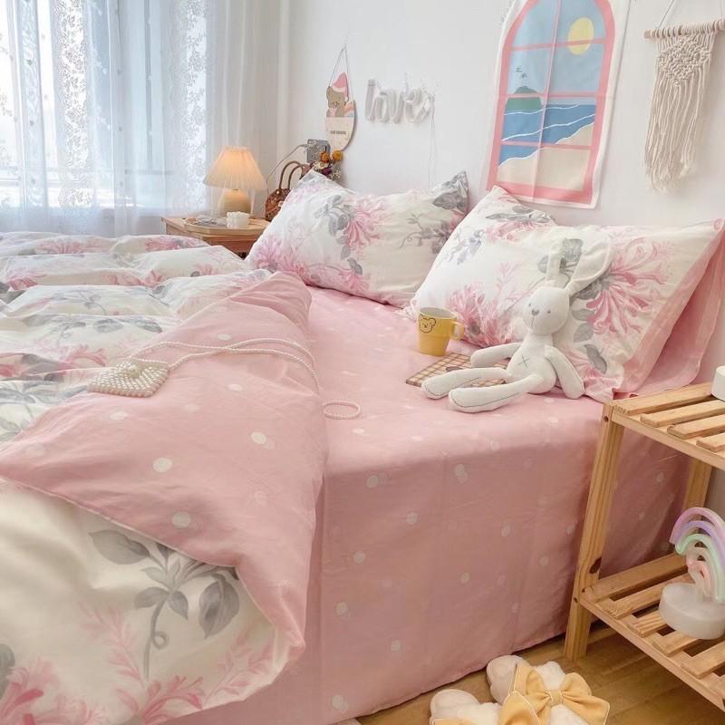 Set Cotton Living 100%cotton Hàng Nhập Khẩu Cao Cấp 4 Món Hoa Nhí Hồng